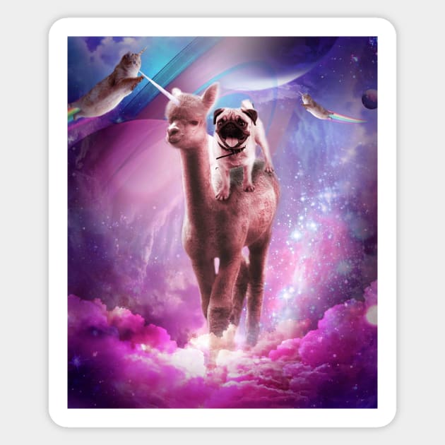 Funny Space Pug Riding On Alpaca Unicorn Sticker by Random Galaxy